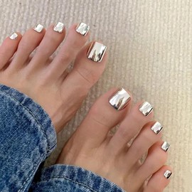 KQueenest Chrome Silver Press On Toe Nails Short Square Metallic Effect Acrylic Artificial Toenails Glitter Bling Full Cover Foot Press on Nails for Women, Pack of 24