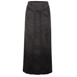 CHARTOU Women's Retro Elastic High Waist Frayed A-Line Maxi Denim Skirt with Pockets, Black, X-Large