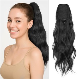 Benehair Ponytail Extension 26" Long Curly Wave Clip in Hair Extension Natural Fashion Drawstring Ponytail Synthetic Clip in Ponytail Hair Pieces for Women (Black, 120g)