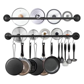 Bailoo 2 Pack Pipe Pot Pan Rack 39 Inches, Industrial Wall mount Pot hangers Pan Hanging Rail Lid Hanger for kitchen with 16 S Hooks