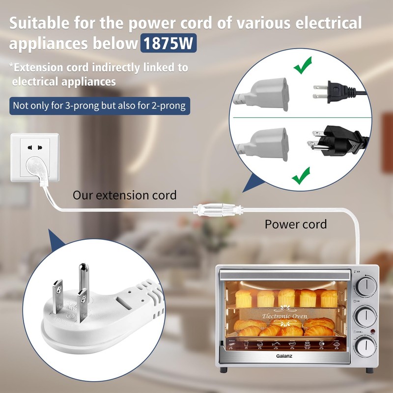 1875W Short Extension Cord,15A Flat Plug Heavy Duty Extension Cord,