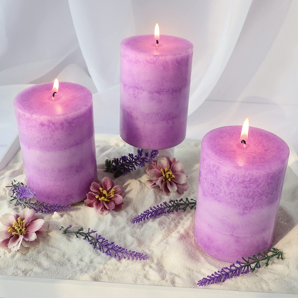 CRYSTAL CLUB Lavender Pillar Candles, Purple Aromatherapy Heritage Scented Candles, Clean Burning and Dripless Candle Lights, Tall 3X4 Inch Lavender Fragrance Candles for Home Décor