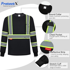 ProtectX High Visibility Shirts Long Sleeve Reflective Hi Vis Safety Shirts for Men Class 2 Work Shirts for Construction Warehouse 2 Pack Black Long XX-Large