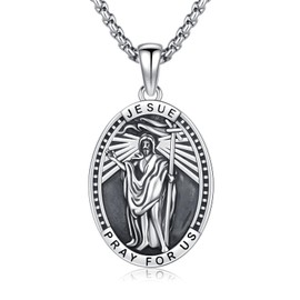 OHAYOO Jesus Necklace 925 Silver St Michael/St George/St Benedict/St Anthony Christian Pendant Necklace Jewellery for Men Women, Sterling Silver