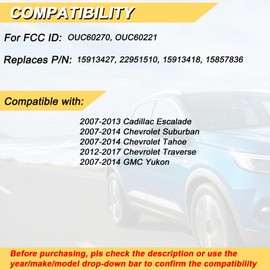 Vurkcy Key Fob Replacement for 2007-2014 Chevy Suburban Tahoe GMC Yukon/ 12-17 Traverse/ 07-13 Escalade Car Keyless Entry Remote Control,OUC60270 OUC60221,6 Buttons