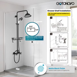 gotonovo Matte Black 8 inch Rainfall Shower Head Dual Functions Wall Mounted Exposed Shower Faucet with Shower Shelf Double Cross Handles With Adjustable Ceramics Handheld Sprayer Shower Shower System