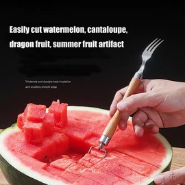 2-in-1 Stainless Steel Watermelon Cutter Slicer & Forks,Fruit Scoop,Dual Head Melon Slicer Knife with Wooden Handle for Kitchen, Camping, Party (2 Pcs)