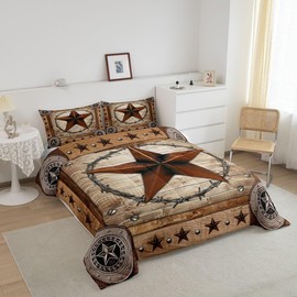 Western Texas Star Kids Comforter Set King Size,Rustic Wooden Door Farmhouse Bedding Set,Girls Boys Adults Room Decor,Western Cowboy Tribal Down Comforter,Brown Retro Duvet Insert,2 Pillowcases
