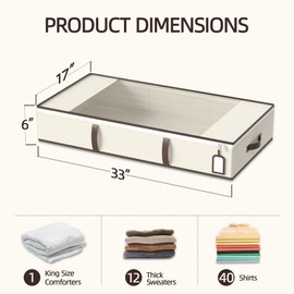 Yecaye 54L Under Bed Storage Containers, 2 Pack Foldable Under Bed Storage Bins, Closet Organizers and Storage with Clear Window & PU Leather Handle, Underbed Storage Bags for Clothes, Blankets，Beige