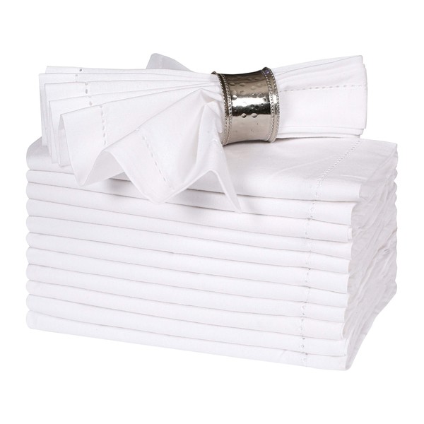 BEDDING CRAFT Set of 12 Cotton Cloth Dinner Napkin 18x18 White with Hemstitched Mitered Corners – Perfect for Wedding Dinner Parties and Table Decorations