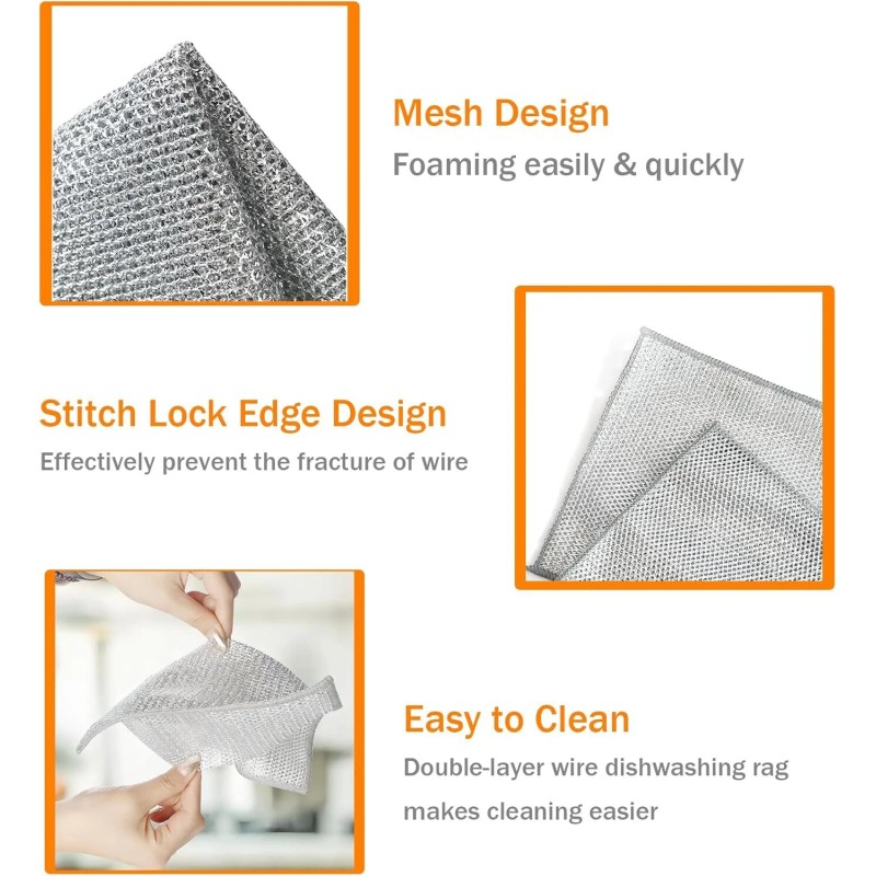 Unbranded 5x Double Layer Wire Dishwashing Rag,Microfiber Cleaning Cloth for