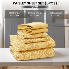 LDC Paisley Queen Sheet Set, 6 PC Soft Microfiber Wrinkle Free Sheets - Luxurious Printed Bed Sheets Includes Flat Sheet, Fitted Sheet with Deep Pockets, & 4 Pillowcases - Taupe