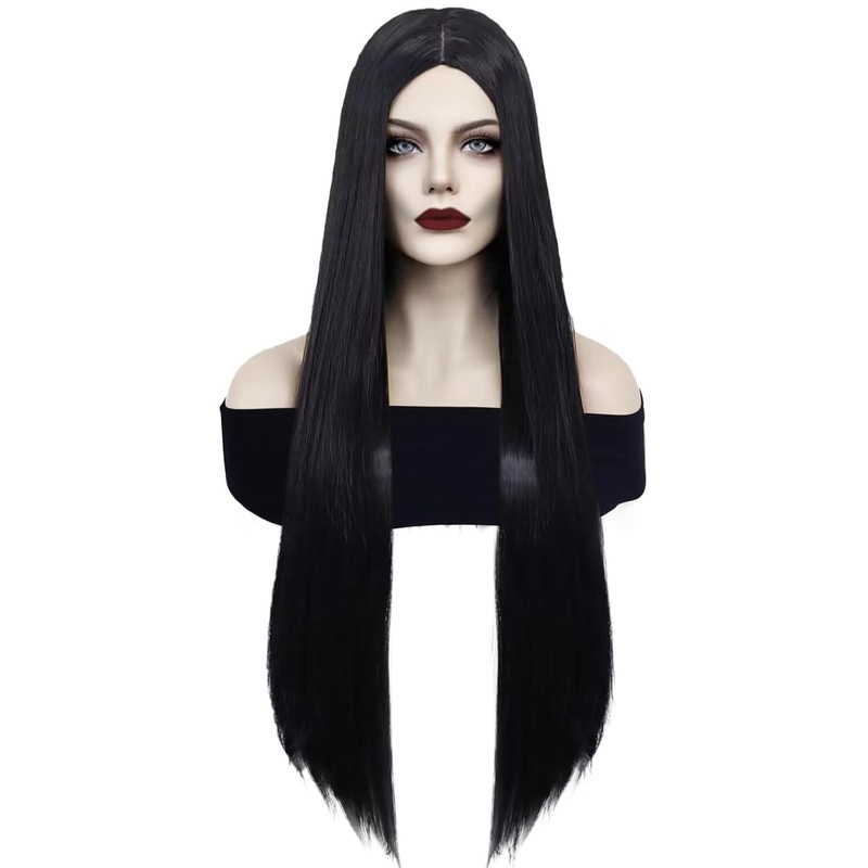 ANOGOL Long Black Wig Middle Part Witch Vampire Cosplay Goth
