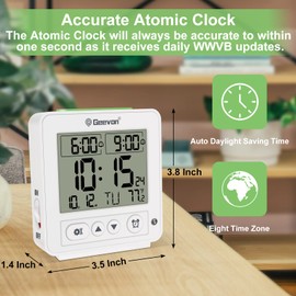 Geevon Atomic Travel Alarm Clock with Auto/8s Backlight, 2 Alarm Settings, Temperature Detect, Increasing Beep Sounds Digital Atomic Travel Clock Battery Operated for Bedroom, Bedside, White