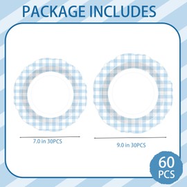 EiPibaibyi 60Pcs Blue Gingham Disposable Plates (30x9-inch & 30x7-inch) - Decorative Plaid Paper Plates for Baby Shower, Wedding, Birthday Party, Dessert, Dinner - Oil-Proof Thickened Party Supplies