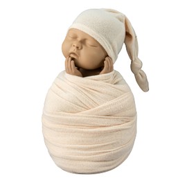 Newborn Baby Photography Props Boys Girls Sleepy Knot Hat & Stretch Fabric Wrap Blanket Photo Prop Outfit Set (Cream)
