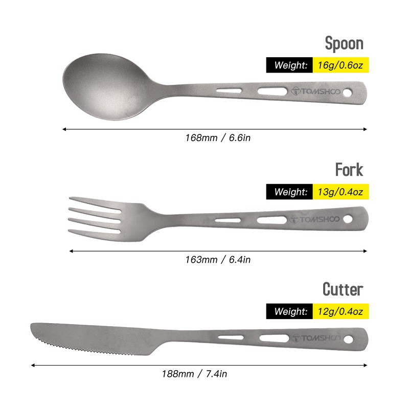 TOMSHOO Titanium 3 Piece Cutlery Set Lightweight Spoon Fork Cutter