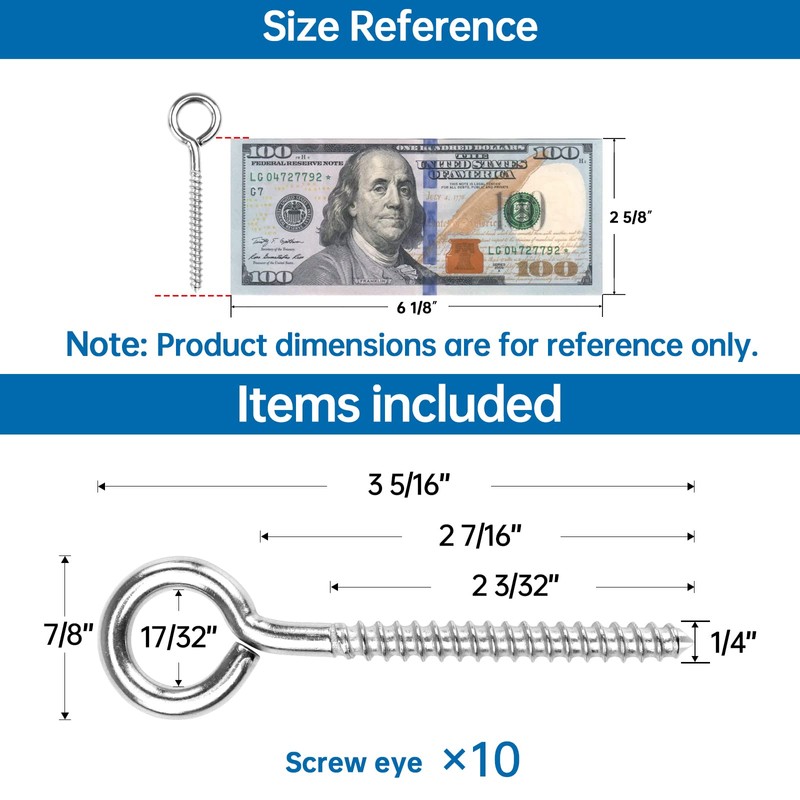 Muzata 10 Pack Eye Screws 3.3 Inch Stainless Steel Screw