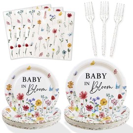 Heboland 100 Pieces Baby in Bloom Baby Shower Decorations Dinnerware Set for 25 Guests, Wildflower Baby in Bloom Paper Plates Napkins Forks for Girls