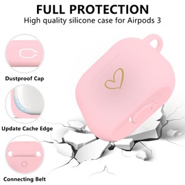 AIIEKZ Compatible with AirPods 3 Case Cover 2021, Soft Silicone Case with Gold Heart Pattern for AirPods 3rd Generation Case with Rhinestone Studded Love Heart Keychain (Pink)