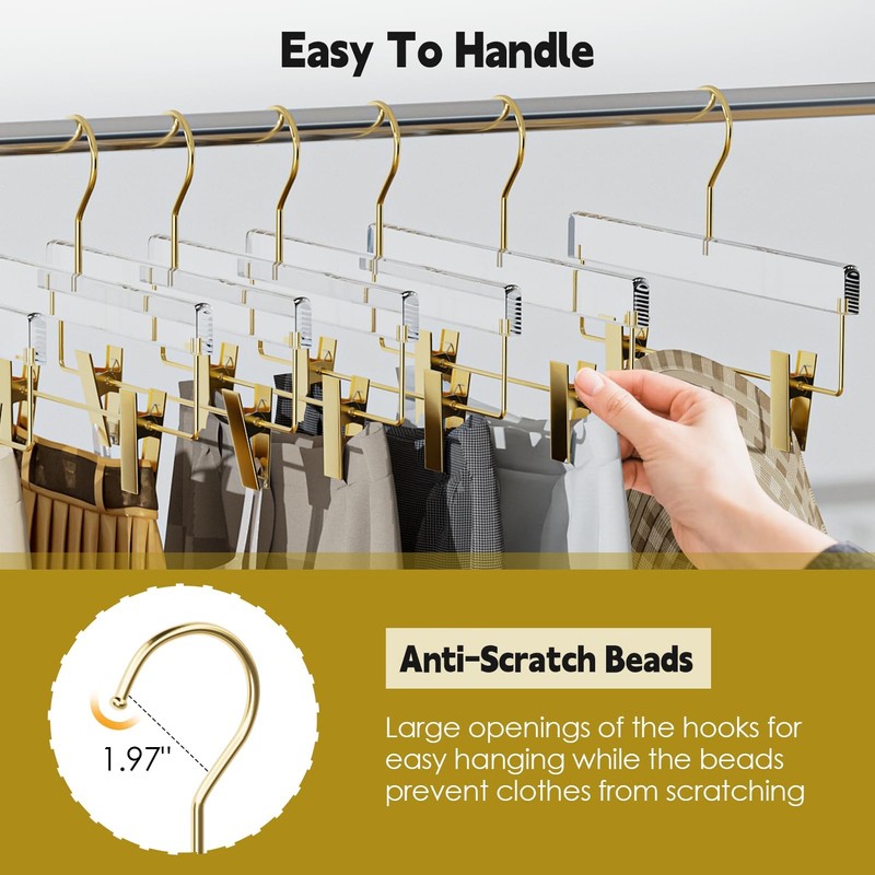 Acrylic Gold Pants Hangers with Adjustable Clips 10 Pack, Non-Slip