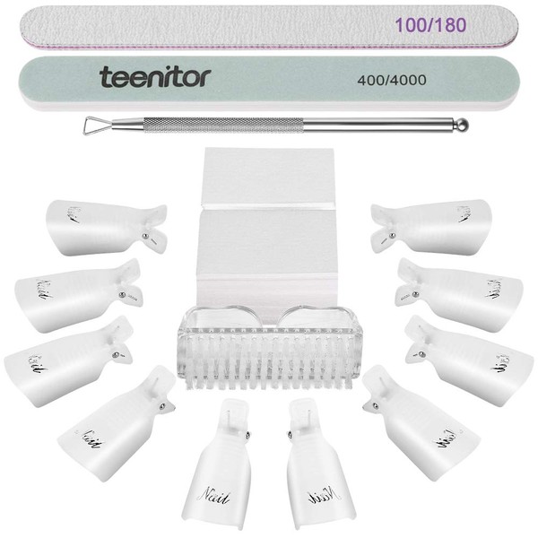 Teenitor gel nail remover kit with10pcs Gel Clip Remover, Brush for Nails, Nail Files 100/180, Buffer Block 400/4000, Stainless SteelCuticle Peeler and 115pcs Lint Free Cotton Pads Nail Wipe Clear