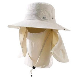 Packable Safari Sun Hat 4" Wide Birm with Detachable Facemask and Neck Flap for Men Women, Foldable Boonie Bucket Hats Adjustable Chin Strap Outdoor Beach (White)