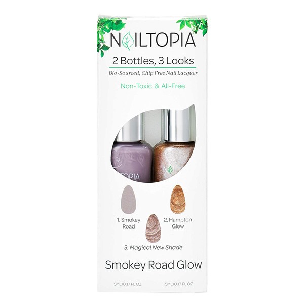 Nailtopia - 2 Bottles, 3 Looks Plant-Based Chip Free Nail Lacquer Kit - Non Toxic, Bio-Sourced, Long-Lasting, Strengthening Polish - Smokey Road Glow (Purple With Grey Undertones & Tan Shimmer) - 2 Pc