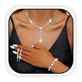 Reaky Bridal Jewelry Sets Silver Rhinestone Necklace 3 Pcs Bride Jewelry Necklaces for Wedding (Silver)