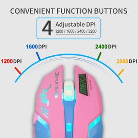 IULONEE Gaming Mouse, Wired USB Computer Mouse Silent Comfortable 7 Colors Backlit Optical Game Mice Ergonomic Full Size with 3200 DPI and 6 Buttons for PC Laptop Desktop (Pink & Blue)