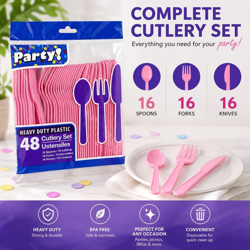 Heavy Duty Plastic Cutlery 48-Piece Set (Spoons, Forks, Knives)