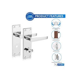 XFORT® Flat Bathroom Polished Chrome Door Handles, Elegant Door Handle Set for Wooden Doors, Classic Victorian Straight Design, Ideal for Internal Bathroom, Restroom and Toilet Doors [1 Pair]