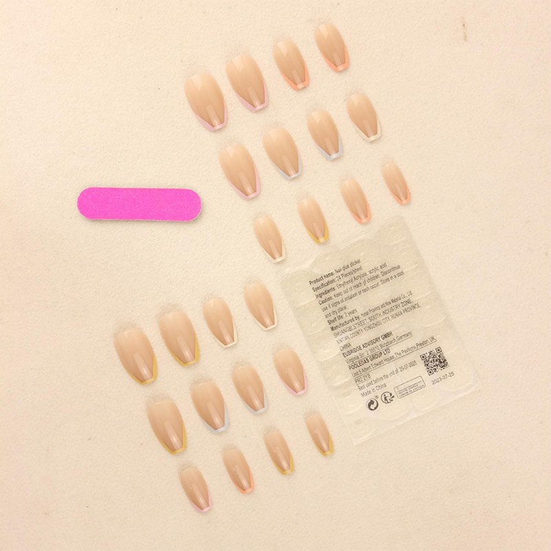 24PCS Medium Nude Press-On Nails with Colorful Stripes, False Nails,
