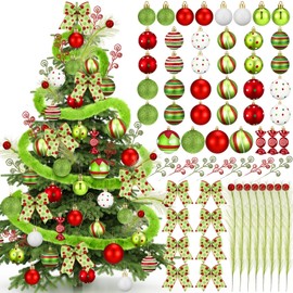 Leitee 109 Pcs Christmas Tree Decorations Glittering Elf Christmas Ball Ornaments Swirl Candy Peppermint Red Green Bow Faux Fur Christmas Ribbon Glitter Christmas Stems Twig for Holiday Party Decor