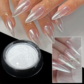 Holographic White Pearl Chrome Nail Powder Mirror Effect Metallic Nail Glitters Dust Sequins UV Gel Nail Chrome Powder Pigment for Nail Art Decoration, White Pearl Chrome Powder for Nails