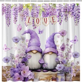 MZYZAF Lavender Gnome Shower Curtains Watercolor Spring Purple Weeping Wisteria Vine Floral Butterfly Farmhouse Rustic Barn Wooden Board Valentine Bathroom Decor Fabric Curtain with Hooks 70X70Inch