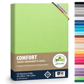 leevitex® Premium Fitted Sheet, 90 x 200 – 100 x 220 cm, 40 cm Base, Also for Box Spring Bed and Waterbed, 100% Mako Jersey Cotton, Oeko-Tex Certified, 170 g/m², Apple Green/Light Green