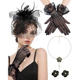 Bnsikun Fascinator Hat for Women Funeral Veil Feather Fascinator Tea Party Bridal Wedding Veil Pillbox HatInclude Mesh Lace Gloves Necklace Earring