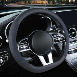 Binsheo 3D Premium Skin-Feel Leather D Shaped Car Steering Wheel Cover, Anti-Slip Breathable Soft Slim Design, Universal 15 inch, Black with Blue