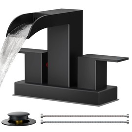 FORIOUS Square Black Bathroom Faucets for 2 Hole or 3 Hole, Waterfall 4 Inch Centerset Bathroom Sink Faucet with Metal Pop-up Drain and Supply Lines, Two Handles for Vanity, Laundry Room, Basin