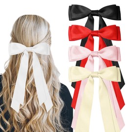 SYEYCW 5 Pcs Hair Bows for Girls Women, Ribbon Bows for Hair, Metal Ponytail Clips, Ribbon Ponytail Holder Accessories, for Daily Wear, Parties and Celebrations, Black, Red, Pink, Beige, White