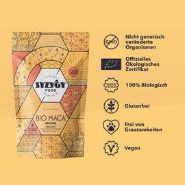 SYZYGY FOOD Pure Organic Maca, 250 Tablets, 4850 mg, 5:1 Concentration, Increases Energy and Vitality, Officially Certified Organic Quality, Made in the EU