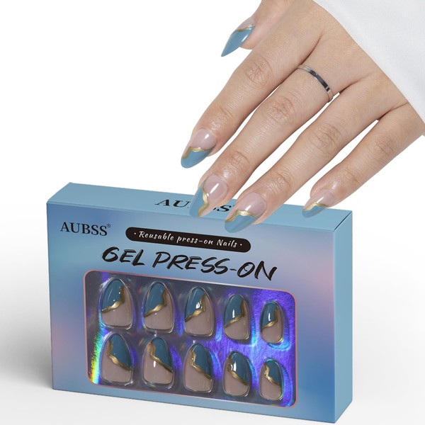 AUBSS Press On Nails Short Almond, Elegant Teal Dab Gold