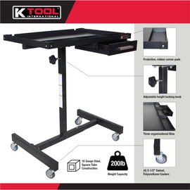 K Tool International 75107 Adjustable Tear Down Work Table with Drawer for Garages, Repair Shops, and DIY, Portable, (4) 2" Swivel Casters, 220 Pound Capacity, Rubber Corners, Heavy Duty Steel, Black