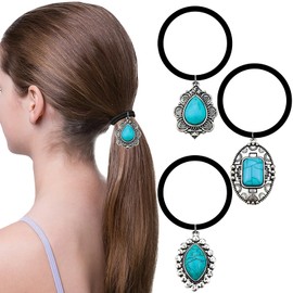 3PCS Metal Western Style Ponytail Holders, Turquoise Decorative Hair Ties Flower Circular Hair Ropes Vintage Turquoise Concho Hair Bands for Women Girls Hair Decor Accessories