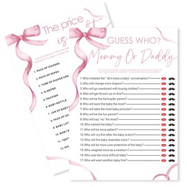 Minimalism Pink Baby Shower Game Cards-Guess Who? Mommy Or Daddy & The Price Is Right Theme Games Activity For Boys & Girls-30 Ribbon Bow Game Cards(5”x7”)-Baby Shower Party Decorations & Supplies-D02