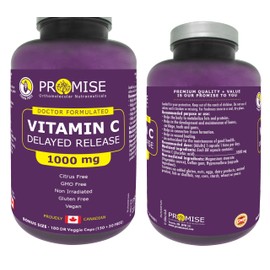 Promise Vitamin C - High Potency 1000mg 180 Capsules- High Immunity Support, Healthy Bones, Collagen Formation, Body Tissue Repair, Delayed Release for No Upset Stomach, Made in Canada