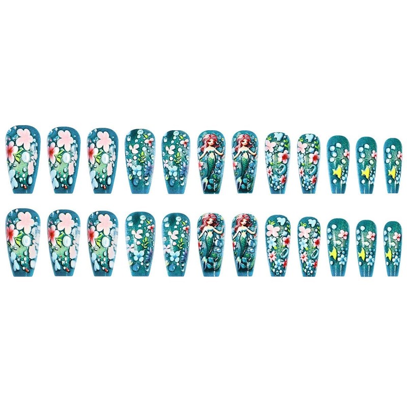Blue Press on Nails Long Coffin Fake Nails with Colorful