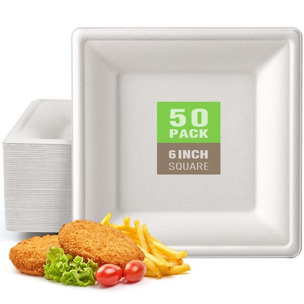 Gezond Compostable Square Plates 6 Inches, 50pcs Disposable Paper Plates,
