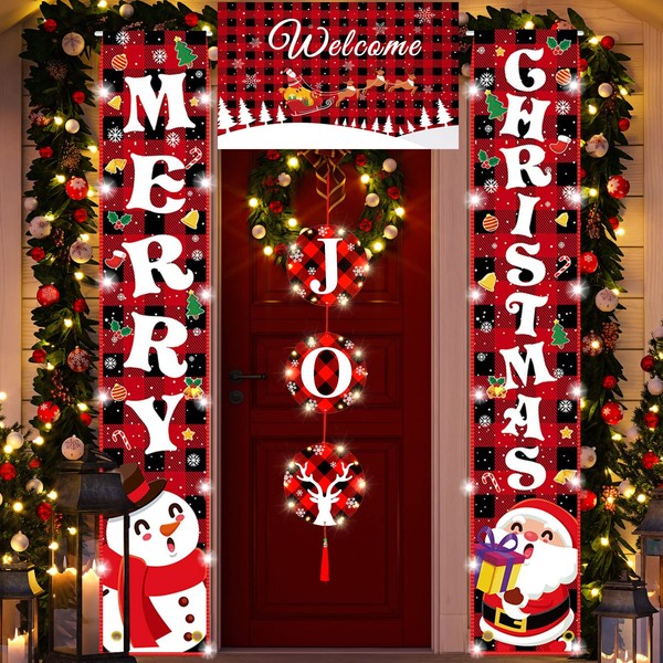 4 Pcs Christmas Holiday Door Banner with String Light Red Black Buffalo Plaid Outside Xmas Decorations Welcome Joy Merry Christmas Banner Lights Hanging Winter Porch Decorations Indoor Outdoor Party